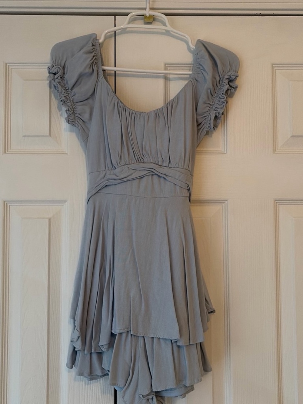 Altar'd State Light Blue Tiered Puff-Sleeve Mini Dress/Romper